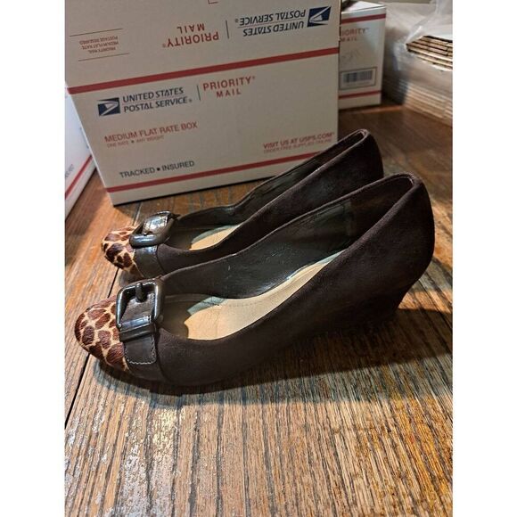 6.5M Alex Marie Brown Ran Round Toe Slip On Animal Print Low Wedge Heel Shoes - Picture 4 of 10